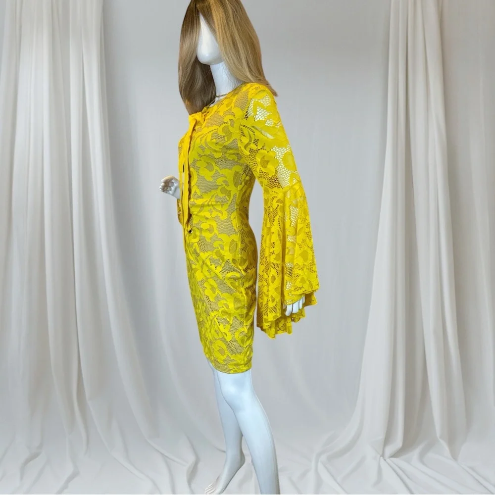 Va Va Voom Yellow Bell Sleeve Sheath Dress - Picture 3 of 9